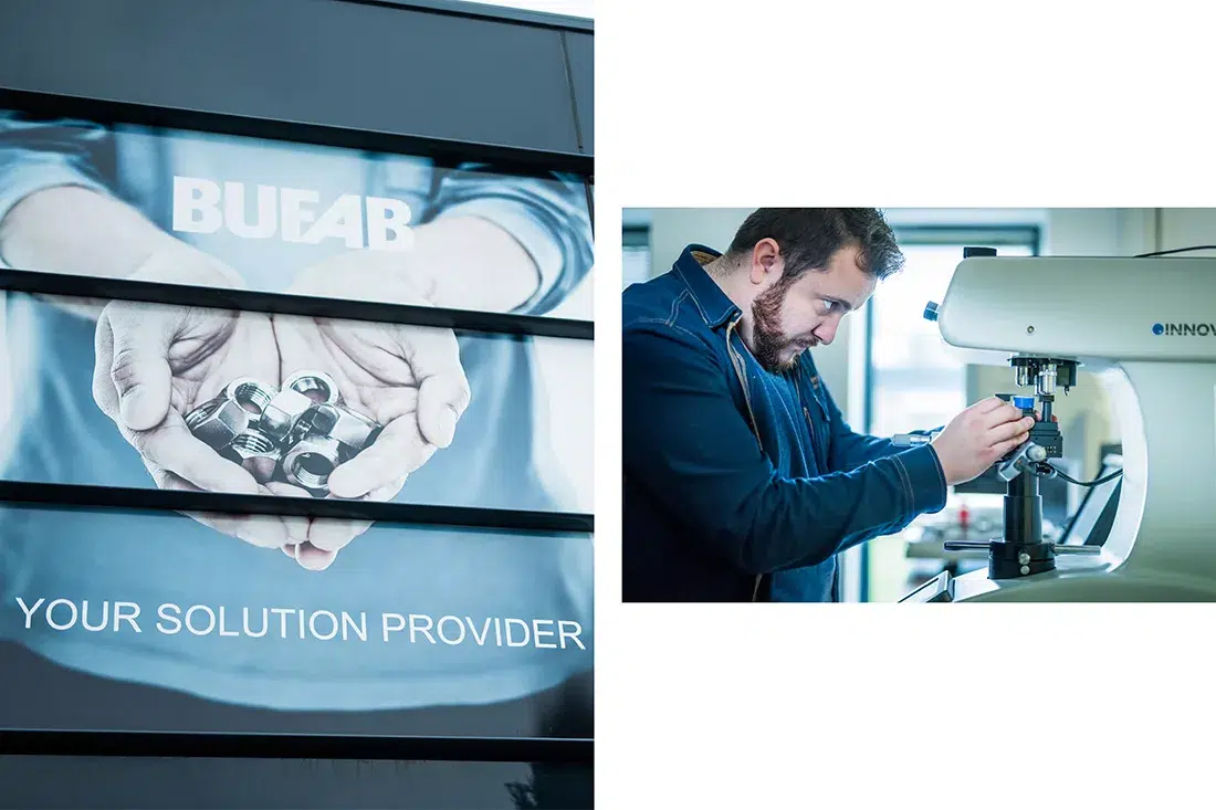 Vue extérieure de l'entrepôt et recherche et développement Bufab réalisée par un photographe industriel à Lyon