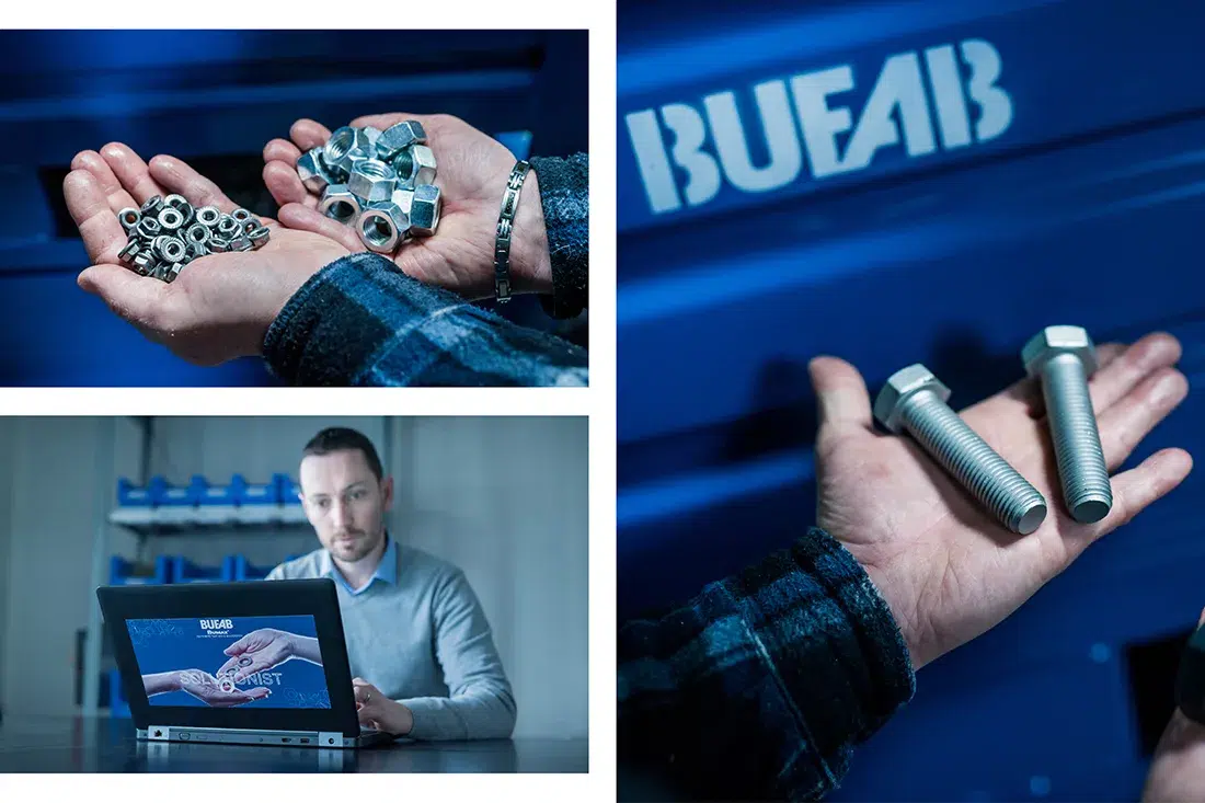 Gros plan sur des pièces de fixation industrielle Bufab réalisé par un photographe de produit industriel